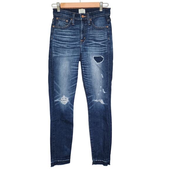 J. Crew Lookout High Rise Skinny Jeans Dark Wash Distressed Raw Hem 26 - Picture 2 of 7